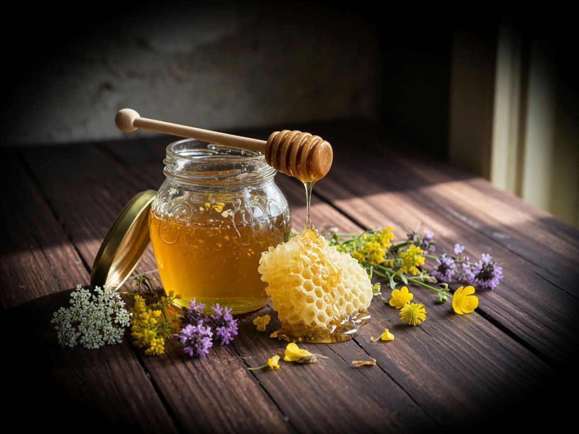 Jar of raw honey with honeycomb and wildflowers