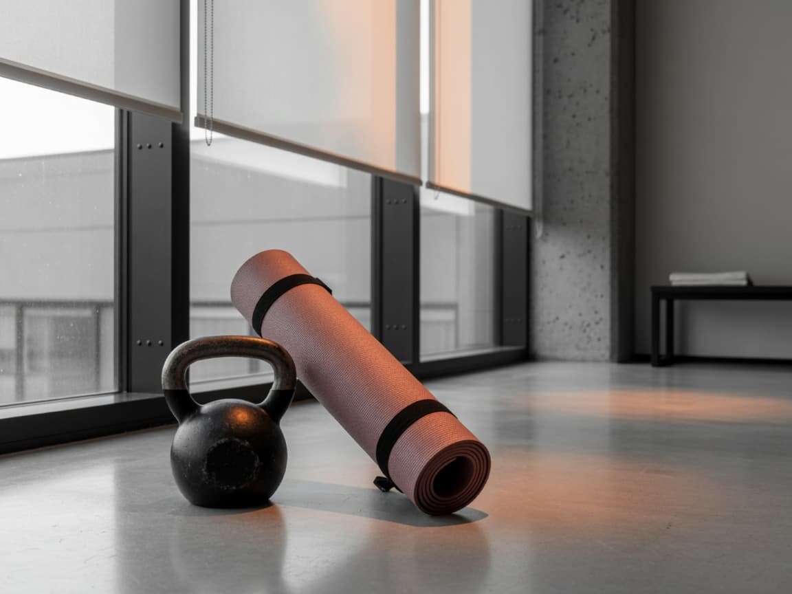 Kettlebell and yoga mat in a sunlit training space