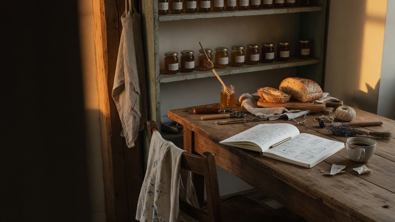 Sunlit workshop kitchen with honey jars, artisan bread, sketchbook, and coffee on a rustic wooden table