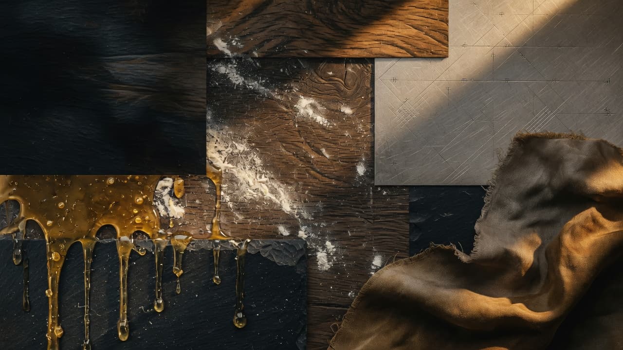 Textured still life of honey, wood grain, metal, and fabric