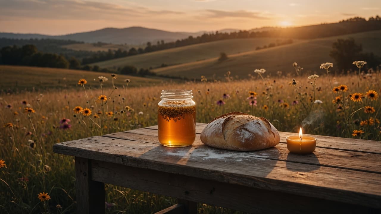 Honey, artisan bread, and candle on a wooden table overlooking a wildflower meadow at golden hour