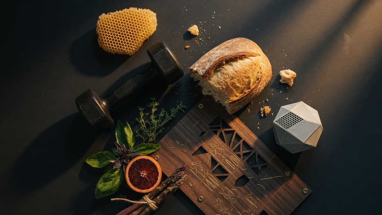 Artisan flatlay of honeycomb, dumbbell, sourdough, produce, laser-cut wood, and 3D printed object