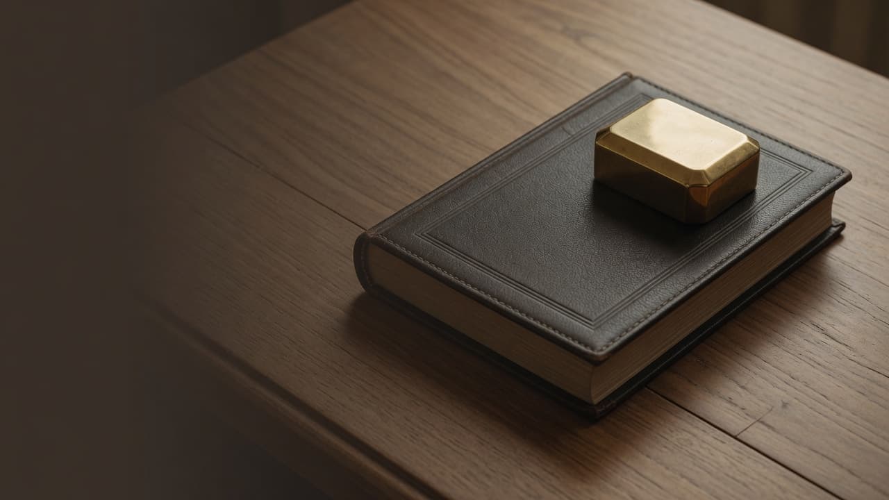 Leather-bound book with brass paperweight on a warm wooden desk